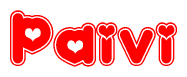 The image is a clipart featuring the word Paivi written in a stylized font with a heart shape replacing inserted into the center of each letter. The color scheme of the text and hearts is red with a light outline.