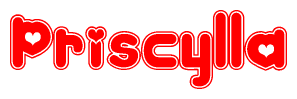 The image is a clipart featuring the word Priscylla written in a stylized font with a heart shape replacing inserted into the center of each letter. The color scheme of the text and hearts is red with a light outline.