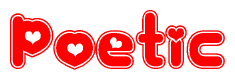 The image is a clipart featuring the word Poetic written in a stylized font with a heart shape replacing inserted into the center of each letter. The color scheme of the text and hearts is red with a light outline.