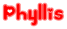The image is a clipart featuring the word Phyllis written in a stylized font with a heart shape replacing inserted into the center of each letter. The color scheme of the text and hearts is red with a light outline.