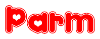 The image is a red and white graphic with the word Parm written in a decorative script. Each letter in  is contained within its own outlined bubble-like shape. Inside each letter, there is a white heart symbol.