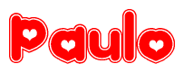 The image is a red and white graphic with the word Paulo written in a decorative script. Each letter in  is contained within its own outlined bubble-like shape. Inside each letter, there is a white heart symbol.