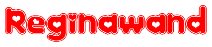 The image is a red and white graphic with the word Reginawand written in a decorative script. Each letter in  is contained within its own outlined bubble-like shape. Inside each letter, there is a white heart symbol.