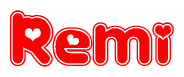 The image is a clipart featuring the word Remi written in a stylized font with a heart shape replacing inserted into the center of each letter. The color scheme of the text and hearts is red with a light outline.