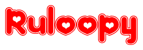 The image is a clipart featuring the word Ruloopy written in a stylized font with a heart shape replacing inserted into the center of each letter. The color scheme of the text and hearts is red with a light outline.