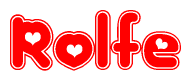 The image is a clipart featuring the word Rolfe written in a stylized font with a heart shape replacing inserted into the center of each letter. The color scheme of the text and hearts is red with a light outline.