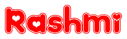 The image is a red and white graphic with the word Rashmi written in a decorative script. Each letter in  is contained within its own outlined bubble-like shape. Inside each letter, there is a white heart symbol.