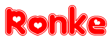 The image is a red and white graphic with the word Ronke written in a decorative script. Each letter in  is contained within its own outlined bubble-like shape. Inside each letter, there is a white heart symbol.