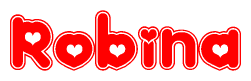 The image is a clipart featuring the word Robina written in a stylized font with a heart shape replacing inserted into the center of each letter. The color scheme of the text and hearts is red with a light outline.