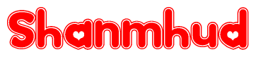 The image is a red and white graphic with the word Shanmhud written in a decorative script. Each letter in  is contained within its own outlined bubble-like shape. Inside each letter, there is a white heart symbol.
