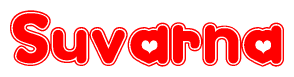 The image is a clipart featuring the word Suvarna written in a stylized font with a heart shape replacing inserted into the center of each letter. The color scheme of the text and hearts is red with a light outline.