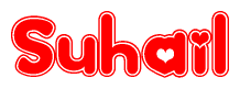 The image is a red and white graphic with the word Suhail written in a decorative script. Each letter in  is contained within its own outlined bubble-like shape. Inside each letter, there is a white heart symbol.