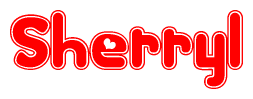 The image is a red and white graphic with the word Sherryl written in a decorative script. Each letter in  is contained within its own outlined bubble-like shape. Inside each letter, there is a white heart symbol.