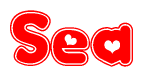 The image displays the word Sea written in a stylized red font with hearts inside the letters.