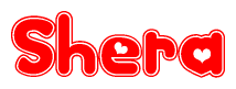 The image is a red and white graphic with the word Shera written in a decorative script. Each letter in  is contained within its own outlined bubble-like shape. Inside each letter, there is a white heart symbol.