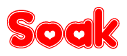 The image is a red and white graphic with the word Soak written in a decorative script. Each letter in  is contained within its own outlined bubble-like shape. Inside each letter, there is a white heart symbol.