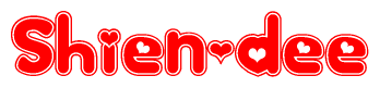 The image is a red and white graphic with the word Shien-dee written in a decorative script. Each letter in  is contained within its own outlined bubble-like shape. Inside each letter, there is a white heart symbol.