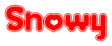 The image displays the word Snowy written in a stylized red font with hearts inside the letters.
