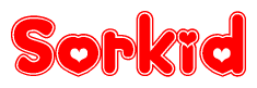 The image is a clipart featuring the word Sorkid written in a stylized font with a heart shape replacing inserted into the center of each letter. The color scheme of the text and hearts is red with a light outline.
