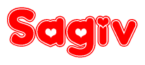 The image is a red and white graphic with the word Sagiv written in a decorative script. Each letter in  is contained within its own outlined bubble-like shape. Inside each letter, there is a white heart symbol.
