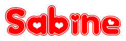 The image is a red and white graphic with the word Sabine written in a decorative script. Each letter in  is contained within its own outlined bubble-like shape. Inside each letter, there is a white heart symbol.