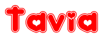 The image is a red and white graphic with the word Tavia written in a decorative script. Each letter in  is contained within its own outlined bubble-like shape. Inside each letter, there is a white heart symbol.