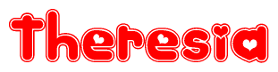 The image is a red and white graphic with the word Theresia written in a decorative script. Each letter in  is contained within its own outlined bubble-like shape. Inside each letter, there is a white heart symbol.