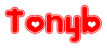 The image is a clipart featuring the word Tonyb written in a stylized font with a heart shape replacing inserted into the center of each letter. The color scheme of the text and hearts is red with a light outline.