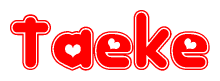The image displays the word Taeke written in a stylized red font with hearts inside the letters.