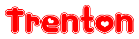 The image is a red and white graphic with the word Trenton written in a decorative script. Each letter in  is contained within its own outlined bubble-like shape. Inside each letter, there is a white heart symbol.