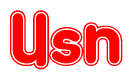 The image is a red and white graphic with the word Usn written in a decorative script. Each letter in  is contained within its own outlined bubble-like shape. Inside each letter, there is a white heart symbol.