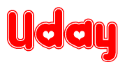 The image is a clipart featuring the word Uday written in a stylized font with a heart shape replacing inserted into the center of each letter. The color scheme of the text and hearts is red with a light outline.