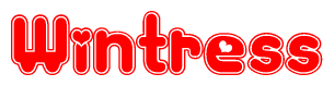 The image is a red and white graphic with the word Wintress written in a decorative script. Each letter in  is contained within its own outlined bubble-like shape. Inside each letter, there is a white heart symbol.