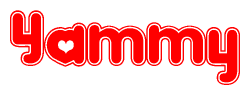 The image is a red and white graphic with the word Yammy written in a decorative script. Each letter in  is contained within its own outlined bubble-like shape. Inside each letter, there is a white heart symbol.