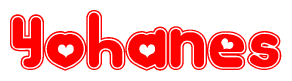 The image is a clipart featuring the word Yohanes written in a stylized font with a heart shape replacing inserted into the center of each letter. The color scheme of the text and hearts is red with a light outline.