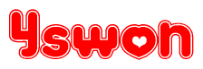 The image is a clipart featuring the word Yswon written in a stylized font with a heart shape replacing inserted into the center of each letter. The color scheme of the text and hearts is red with a light outline.