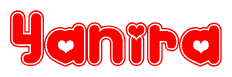 The image is a red and white graphic with the word Yanira written in a decorative script. Each letter in  is contained within its own outlined bubble-like shape. Inside each letter, there is a white heart symbol.
