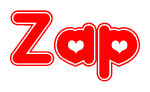 The image is a clipart featuring the word Zap written in a stylized font with a heart shape replacing inserted into the center of each letter. The color scheme of the text and hearts is red with a light outline.