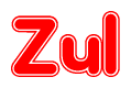 The image is a red and white graphic with the word Zul written in a decorative script. Each letter in  is contained within its own outlined bubble-like shape. Inside each letter, there is a white heart symbol.