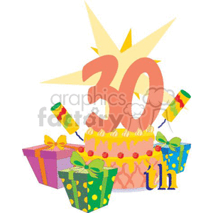 number 30 on top of a birthday cake with presents around it  clipart. Royalty-free image # 369280