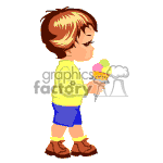 This clipart image depicts a cartoon of a small child standing and looking at a multi-colored ice cream cone. The child has brown hair and is dressed in a yellow top, blue shorts, and brown shoes.