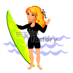 The clipart image displays an animated woman with blonde hair, wearing a black wetsuit and holding a green surfboard. She appears to be standing near the shore with waves in the background.