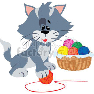 Gray kitten playing with colorful spools of string clipart.