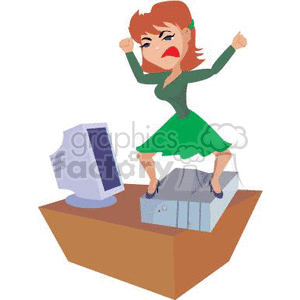 clipart - Lady jumping on her computer in anger.