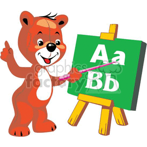 clipart - Teddy bear reaching ABCs on a chalkboard.