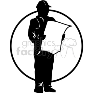 clipart - black and white construction worker looking at blue prints .