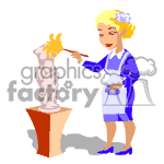 The clipart image shows an animated figure of a maid or cleaner, dressed in a traditional blue cleaning uniform with a white apron. The maid has blonde hair with a small white flower accessory and is dusting a classical statue that is standing on a pedestal. The image represents a cleaning service or housekeeping activity.