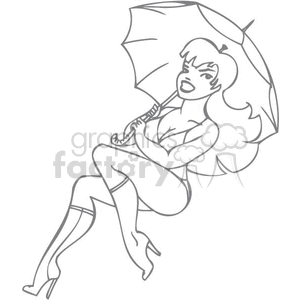 clipart - black and white outline of a girl holding an umbrella .