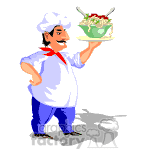 Animated chef holding up a big bowl of spaghetti.
