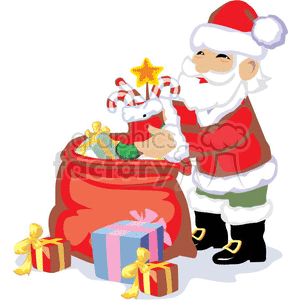 Santa Claus Puting Gifts and Stuffed Stockings in his Sack